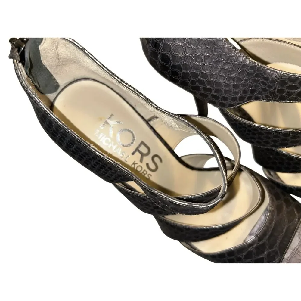 Michael Kors Metallic Pewter Strappy Cage Sandal Snake Back Zip Size 7